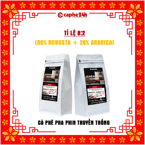 1kg CÀ PHÊ PHA PHIN Tỉ lệ 8:2( 80% Robusta+20% Arabica) thương hiệu Caphe24h.vn (tùy chọn dạng bột/ dạng hạt)